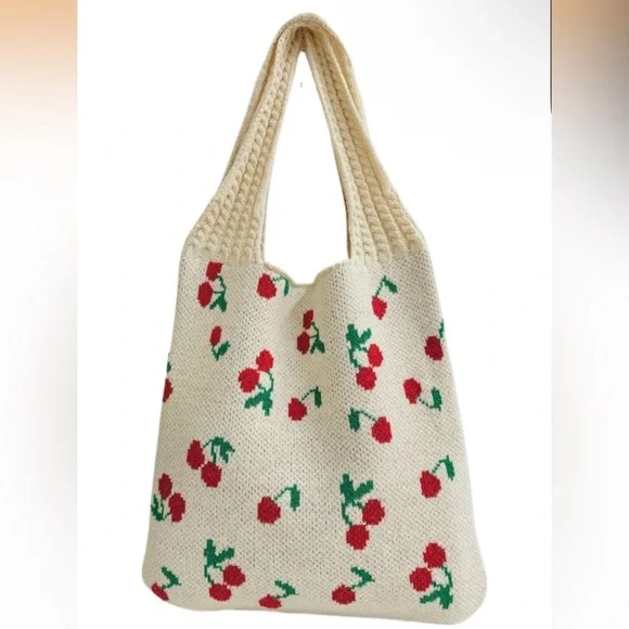 Crotchet Cherry Patterned Cream Tote Bag - Picture 1 of 7